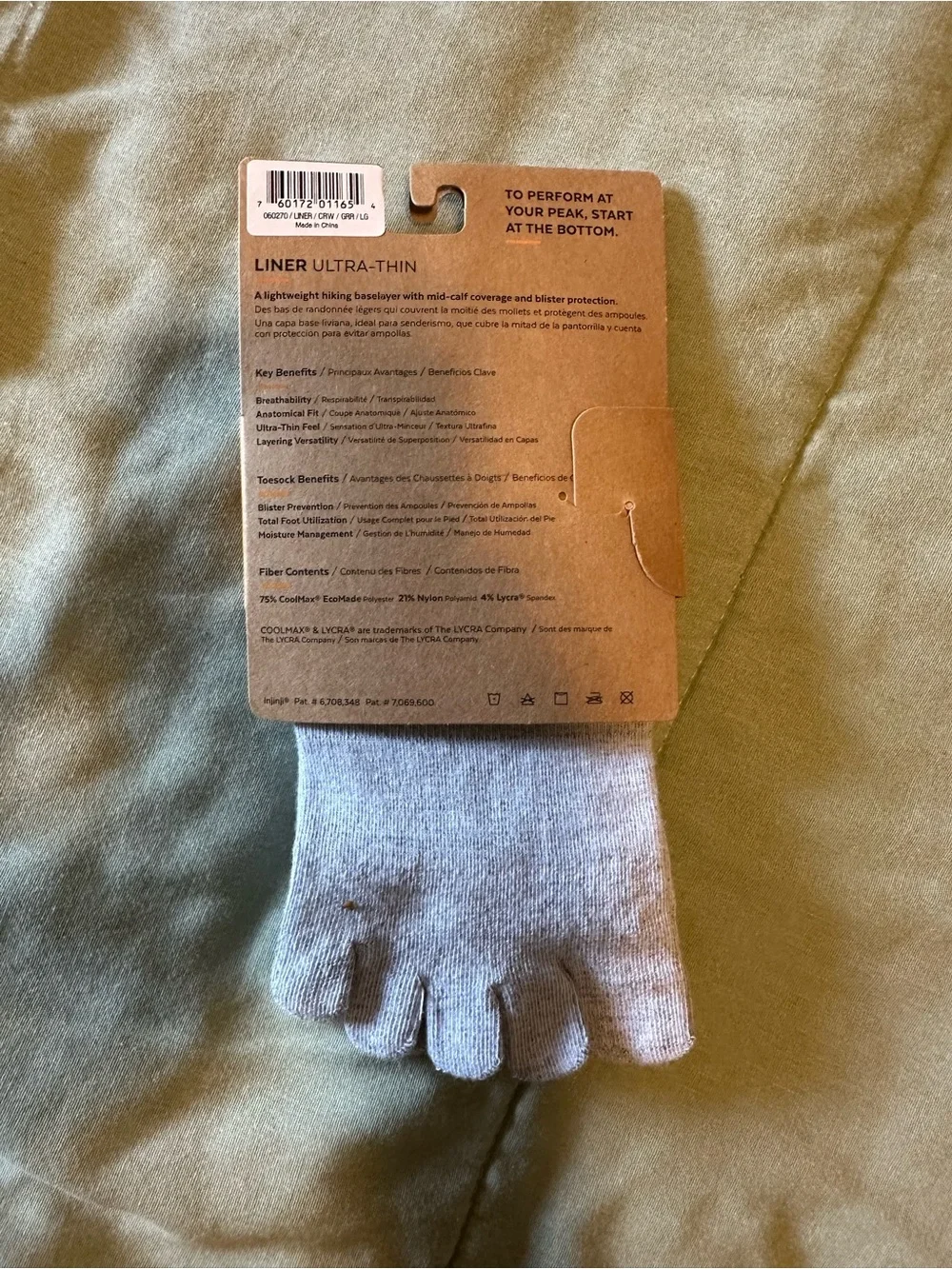 injinji Men's Light Gray Performance Liner Toe Crew Socks